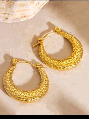 Textured Gold plated Crescent Hoop Earrings -